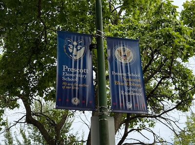 A photograph of a blue banner on a light post with trees in the background.