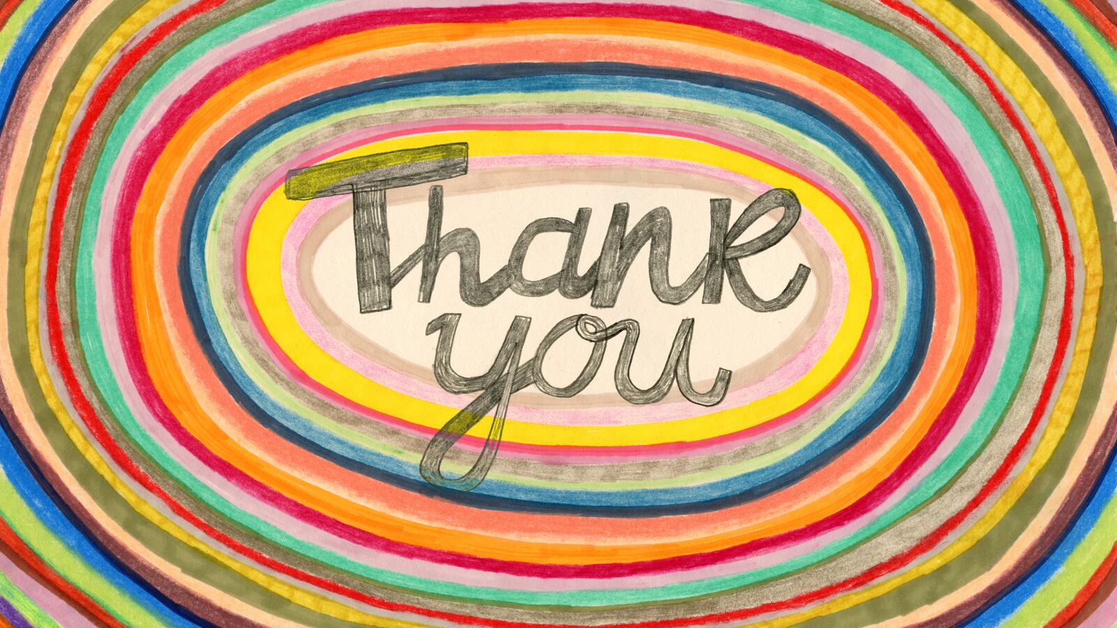 A colorful hand-drawn card that says thank you.