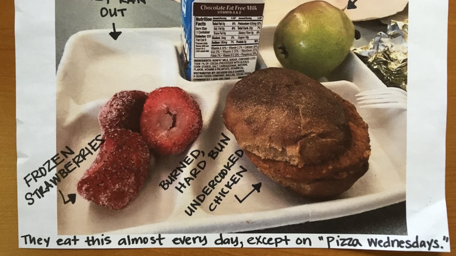 This lunch was served at Kepner Middle School on May 12. Descriptions were added by the Padres employee who received the lunch. (The chicken patties are pre-cooked by the vendor, but DPS officials said sometimes there are red spots in the meat that lead people to believe the meat is undercooked.)