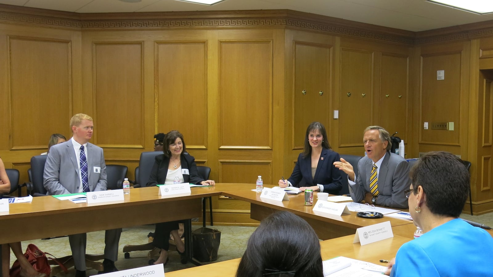 Gov. Bill Haslam and Tennessee Education Commissioner Candice McQueen lead the inaugural meeting of the Governor's Teachers Cabinet in Nashville.