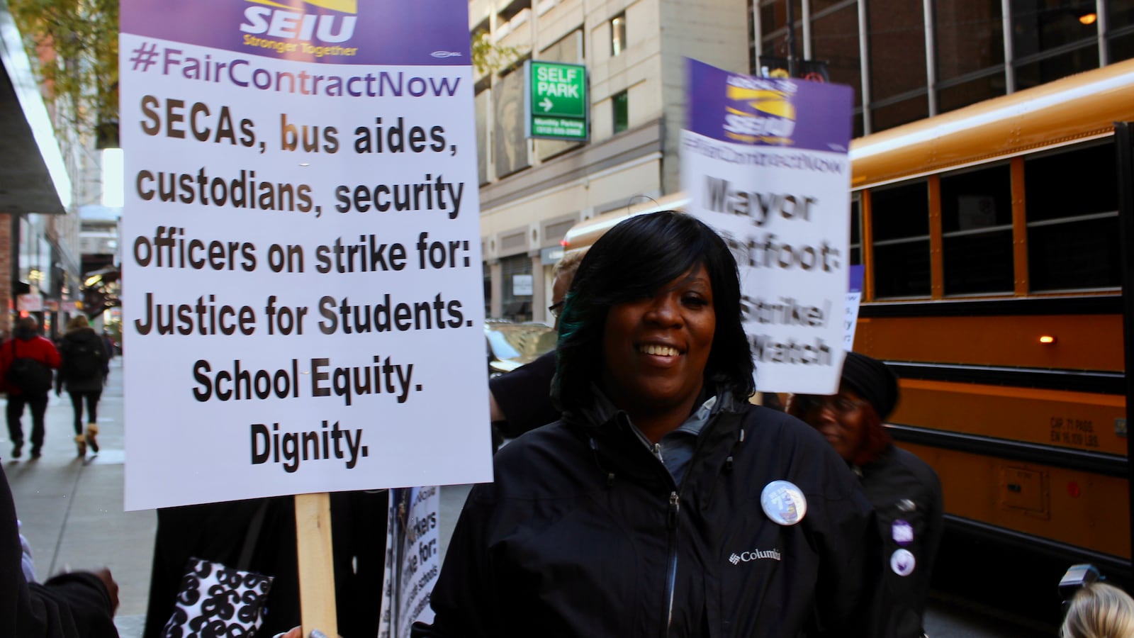 Chicago Public Schools custodial worker Tashanna Johnson prepares for a joint SEIU Local 73 and Chicago Teachers Union rally downtown on Oct. 23, 2019.