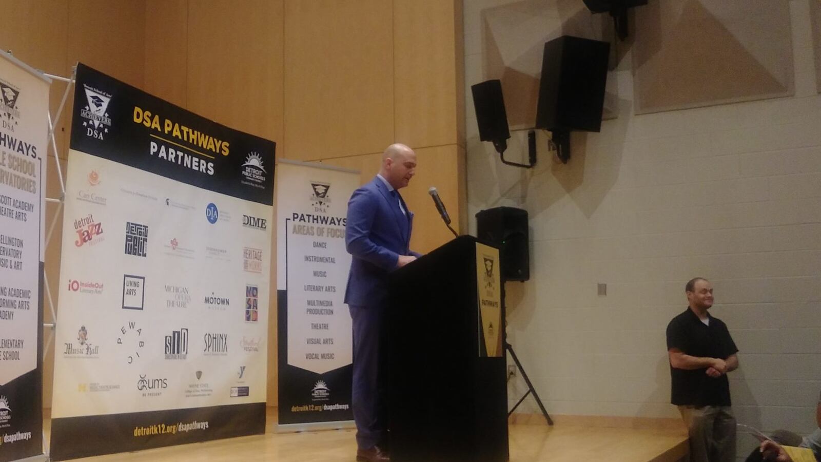 Detroit schools district Superintendent Nikolai Vitti announces new arts programming for middle schoolers during a press conference. Photo Credit: Eleanore Catolico/Chalkbeat Detroit