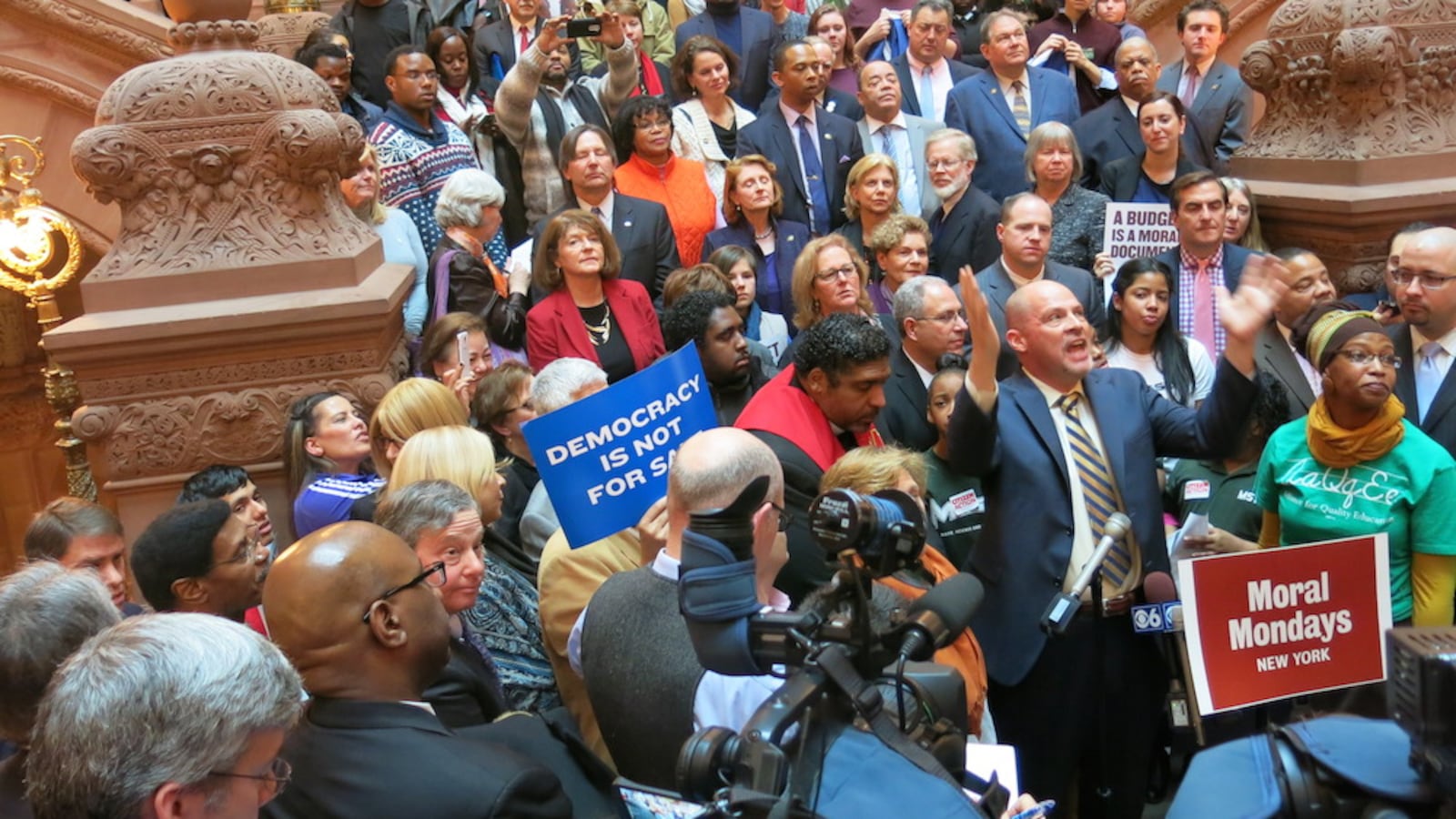 UFT President Michael Mulgrew speaks in the Capitol building in Albany in 2015, where advocates are renewing a push for the state to increase school funding for poorer districts.