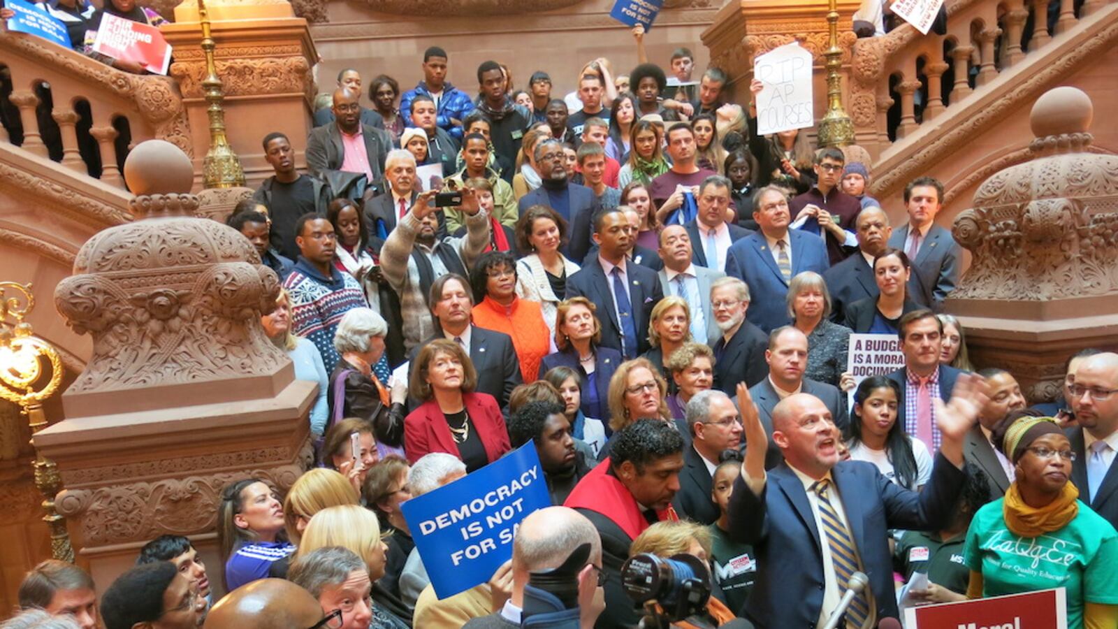 UFT President Michael Mulgrew speaks in the Capitol building in Albany in 2015, where advocates are renewing a push for the state to increase school funding for poorer districts.