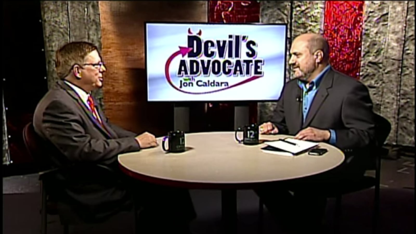Jon Caldara, president of the Independence Institute, interviewed Jefferson County school board president and recall target Ken Witt, left, on his CPT12 television show "Devil's Advocate."