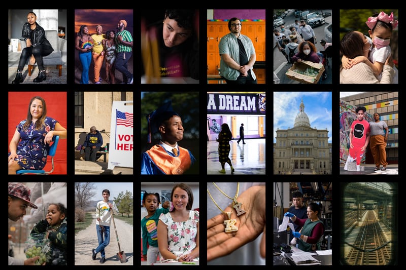 A photo collage with 3 rows and 6 columns featuring vertical oriented photos on a black grid. The photos show a diverse range of people posing for portraits, laughing, eating, voting, hugging, and working.