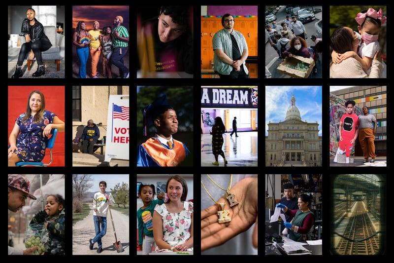 A photo collage with 3 rows and 6 columns featuring vertical oriented photos on a black grid. The photos show a diverse range of people posing for portraits, laughing, eating, voting, hugging, and working.