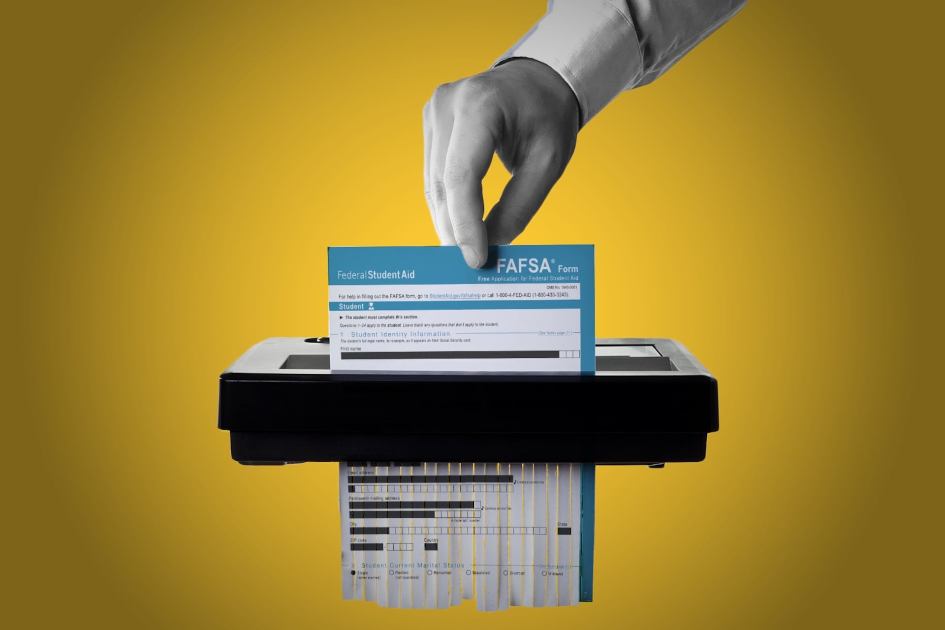Photo illustration shows a FAFSA financial aid form being fed into a shredder.