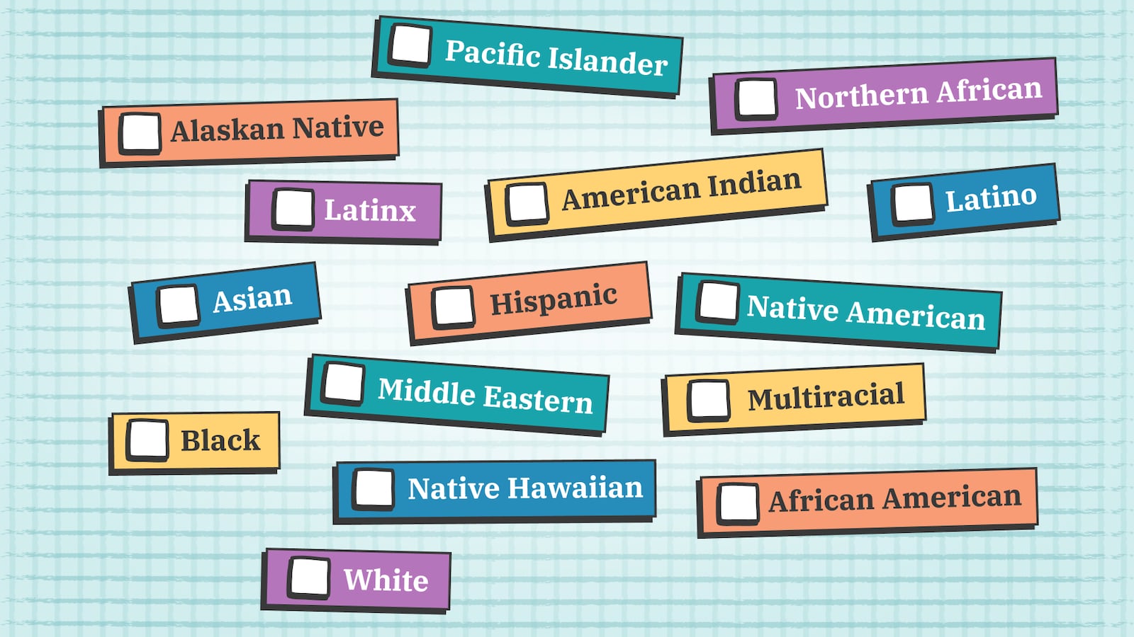 An illustration of multiple choice options for the question, “What is your race/ethnicity?” The options appear as brightly colored boxes against a blue background.