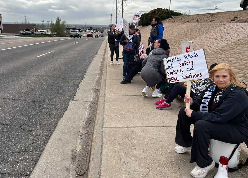 A group of adults stand outside some are holding signs or banners or a megaphone.