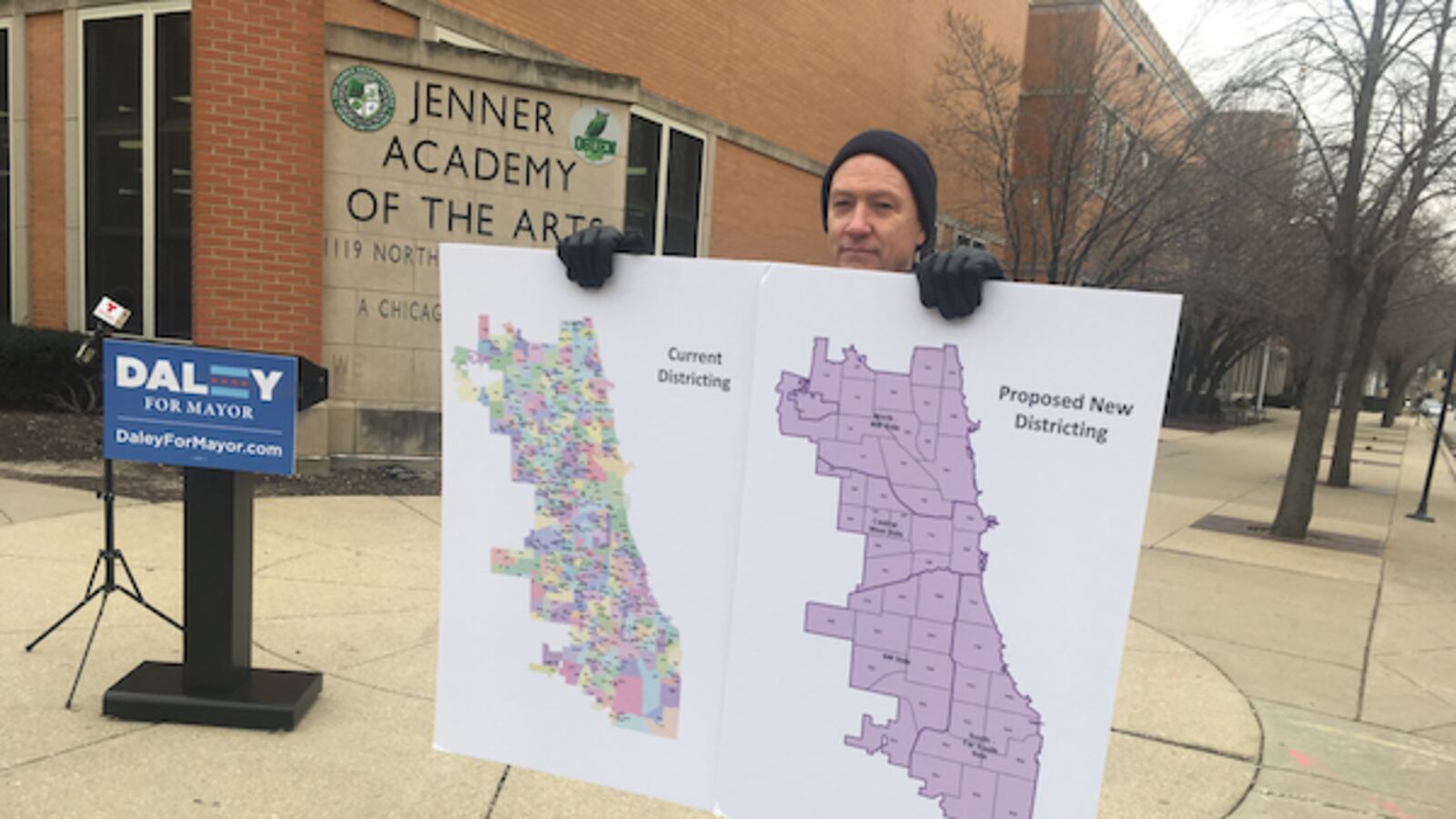Daley would also replace individual schools’ enrollment boundaries with “neighborhood zones.” Students would get priority in admissions to all district and charter schools in their zone. Here, Daley adviser Peter Cunningham displays a map outlining the proposed neighborhood zones.