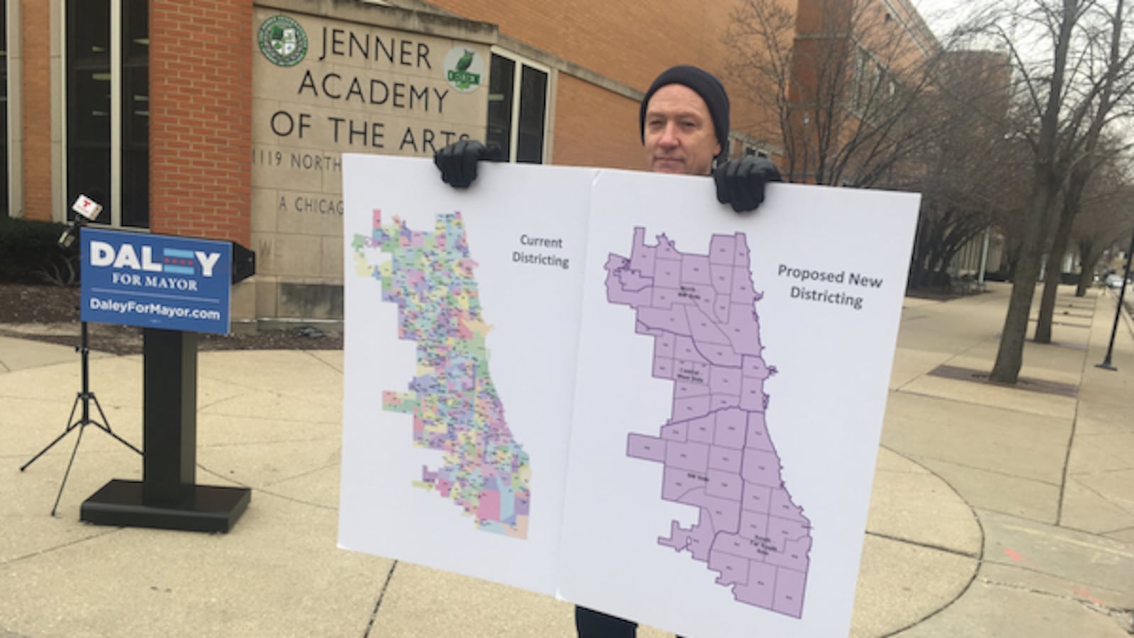 Daley would also replace individual schools’ enrollment boundaries with “neighborhood zones.” Students would get priority in admissions to all district and charter schools in their zone. Here, Daley adviser Peter Cunningham displays a map outlining the proposed neighborhood zones.