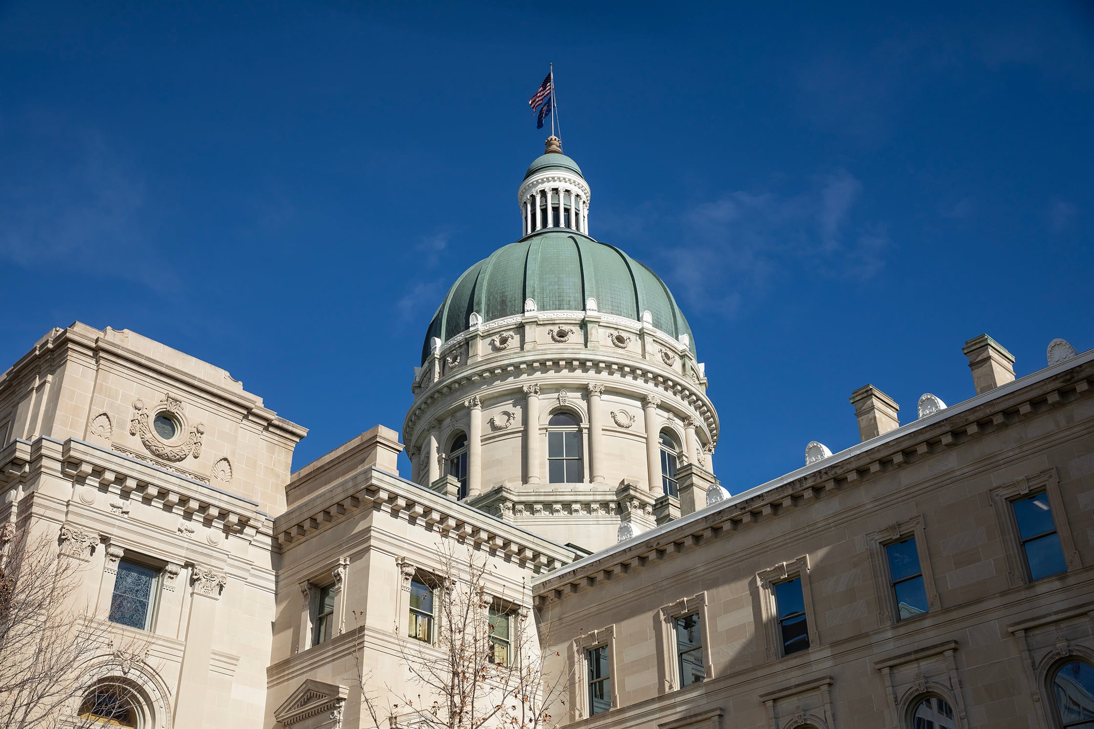 A large tan stone building with a green dome roof and flags at the top with a blue sky in the background.