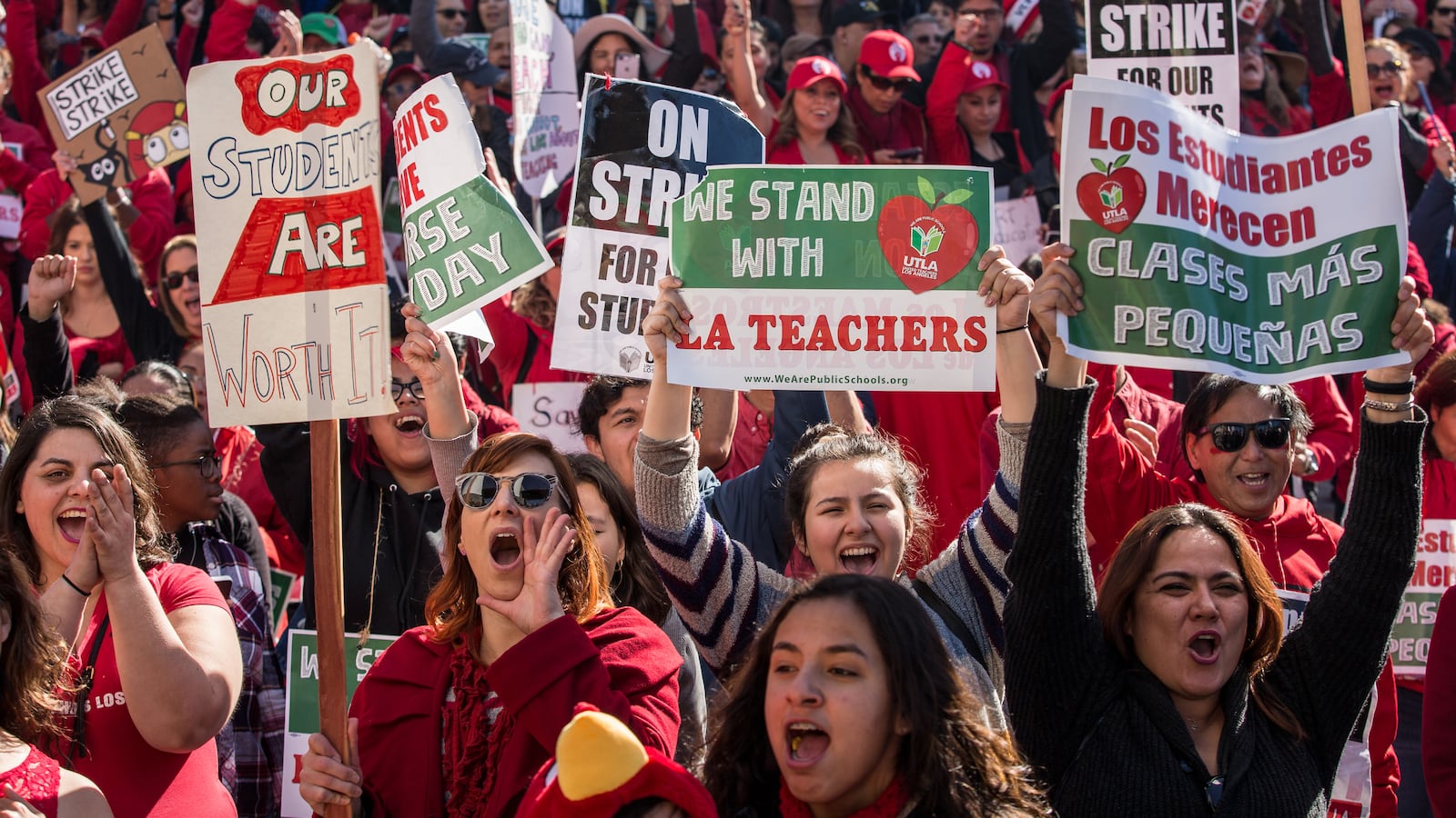 Thousands of striking Los Angeles teachers cheered at a January 2019 rally after it was announced that a tentative deal between the teachers union and school district had been reached.