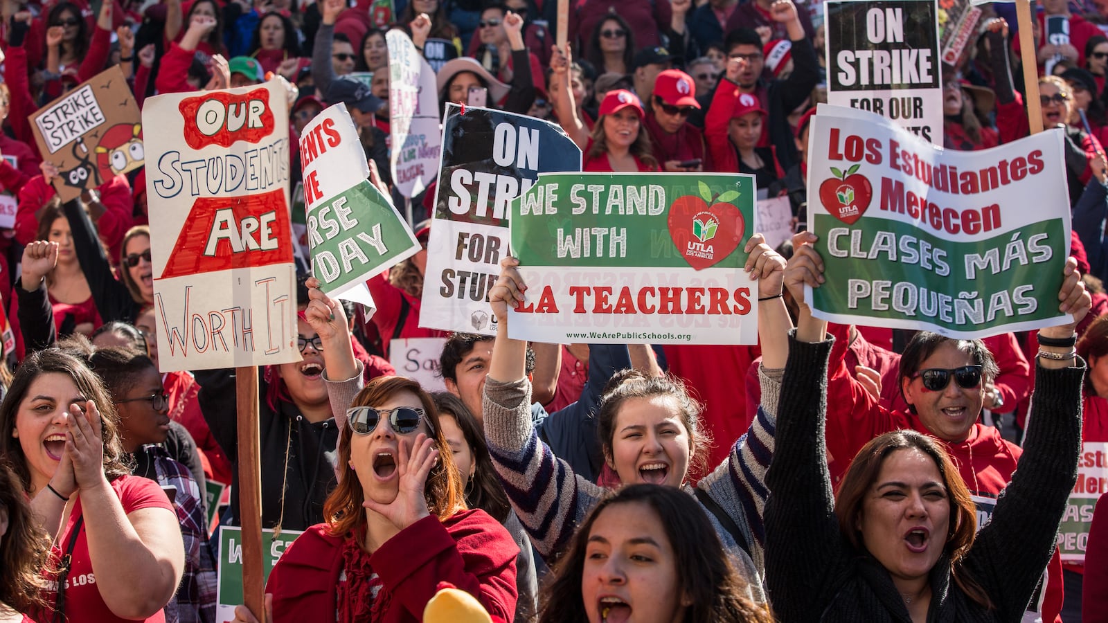 Thousands of striking Los Angeles teachers cheered at a January 2019 rally after it was announced that a tentative deal between the teachers union and school district had been reached.