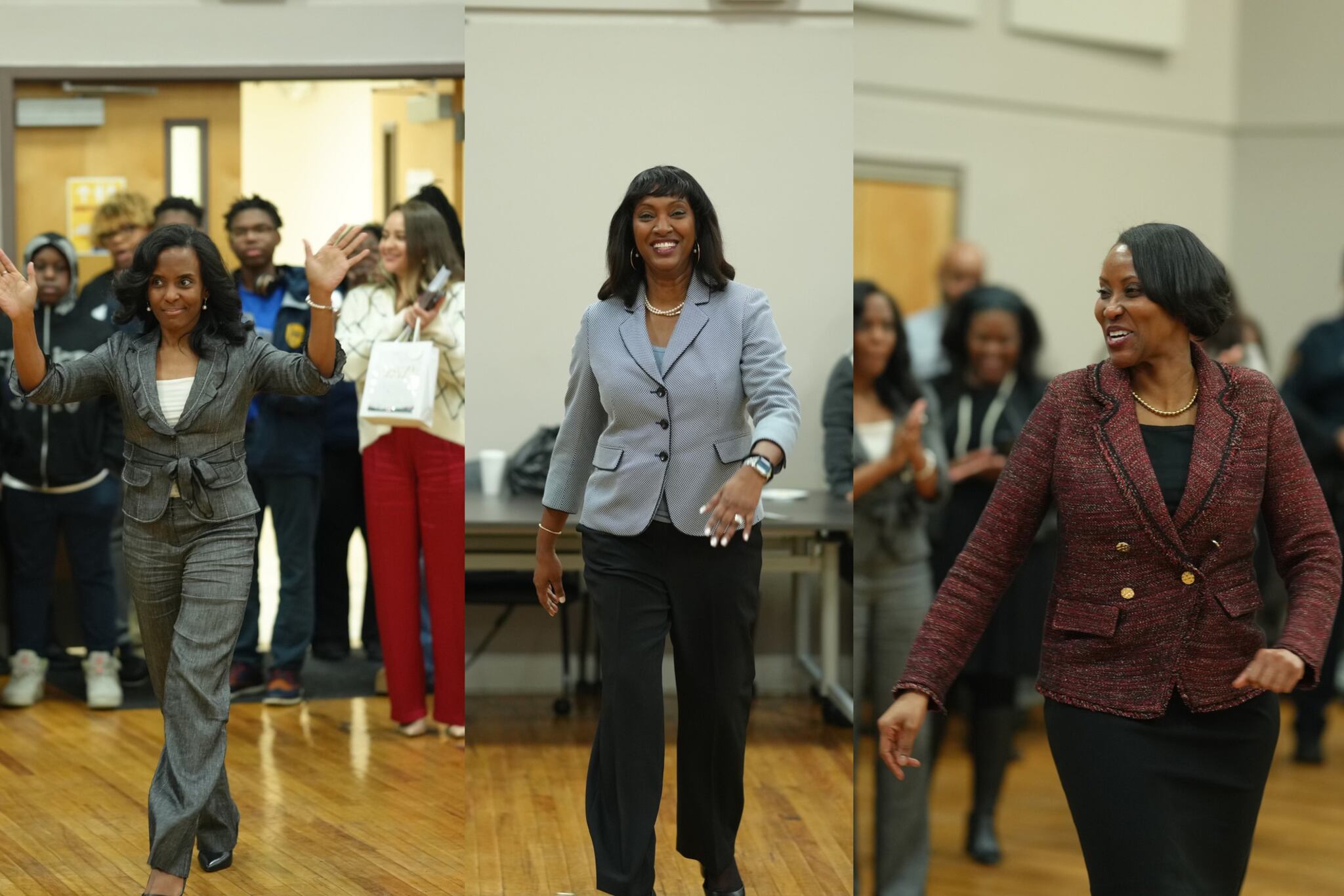 A collage of three images each showing a different woman wearing business clothes and each smiling while they walk through a gymnasium full of people.
