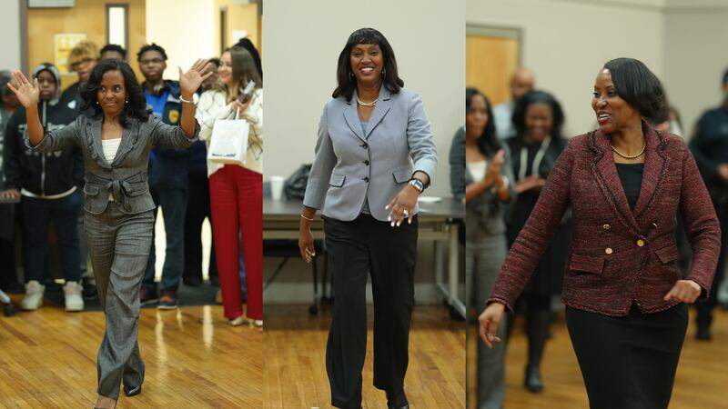 A collage of three images each showing a different woman wearing business clothes and each smiling while they walk through a gymnasium full of people.