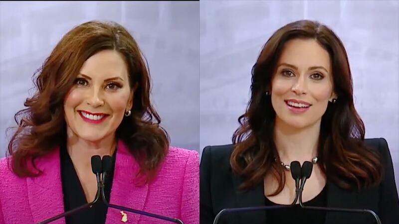 Democratic Gov. Gretchen Whitmer, left, and her Republican challenger Tudor Dixon at a televised debate last week are side by side speaking into microphones.