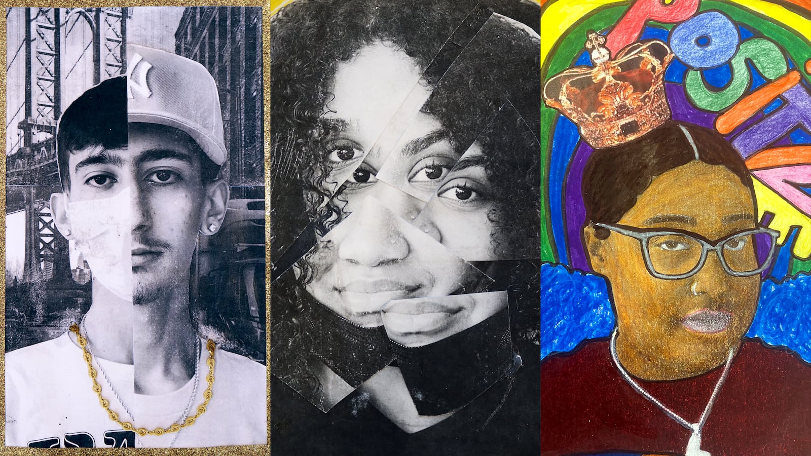 A triptych of three colorful self-portraits, made by students of Voyages Prep in Elmhurst, Queens.