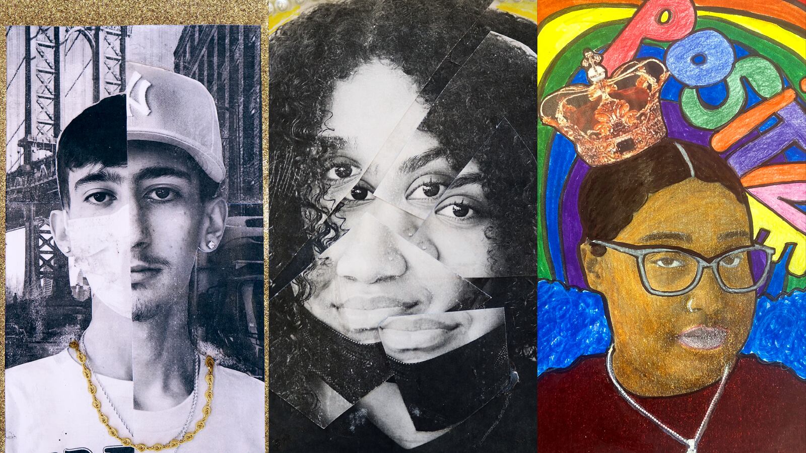 A triptych of three colorful self-portraits, made by students of Voyages Prep in Elmhurst, Queens.