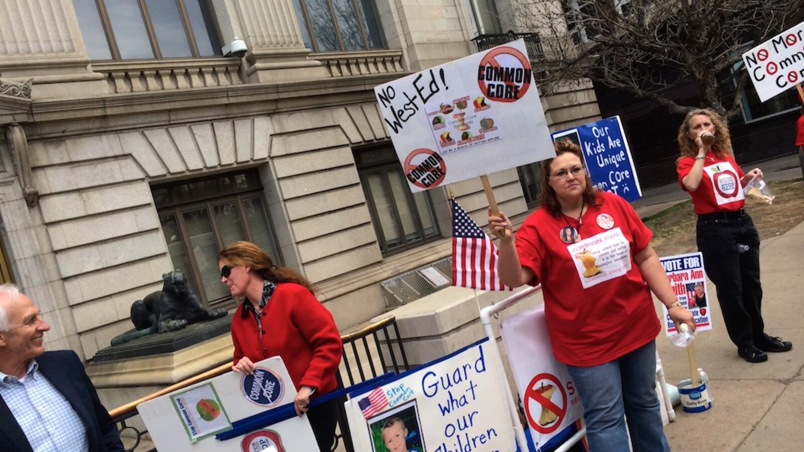Opponents of the Common Core State Standards and their aligned tests protest outside the Colorado Department of Education in 2014.