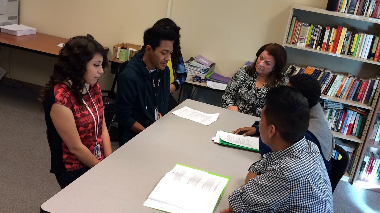 High school students role play a restorative justice seminar with their counselor in this Chalkbeat file photo.