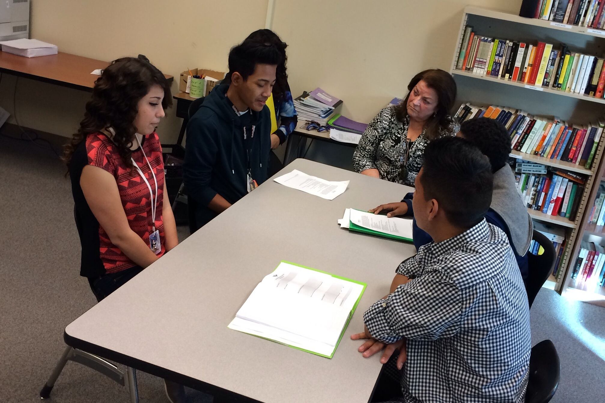 High school students role play a restorative justice seminar with their counselor in this Chalkbeat file photo.