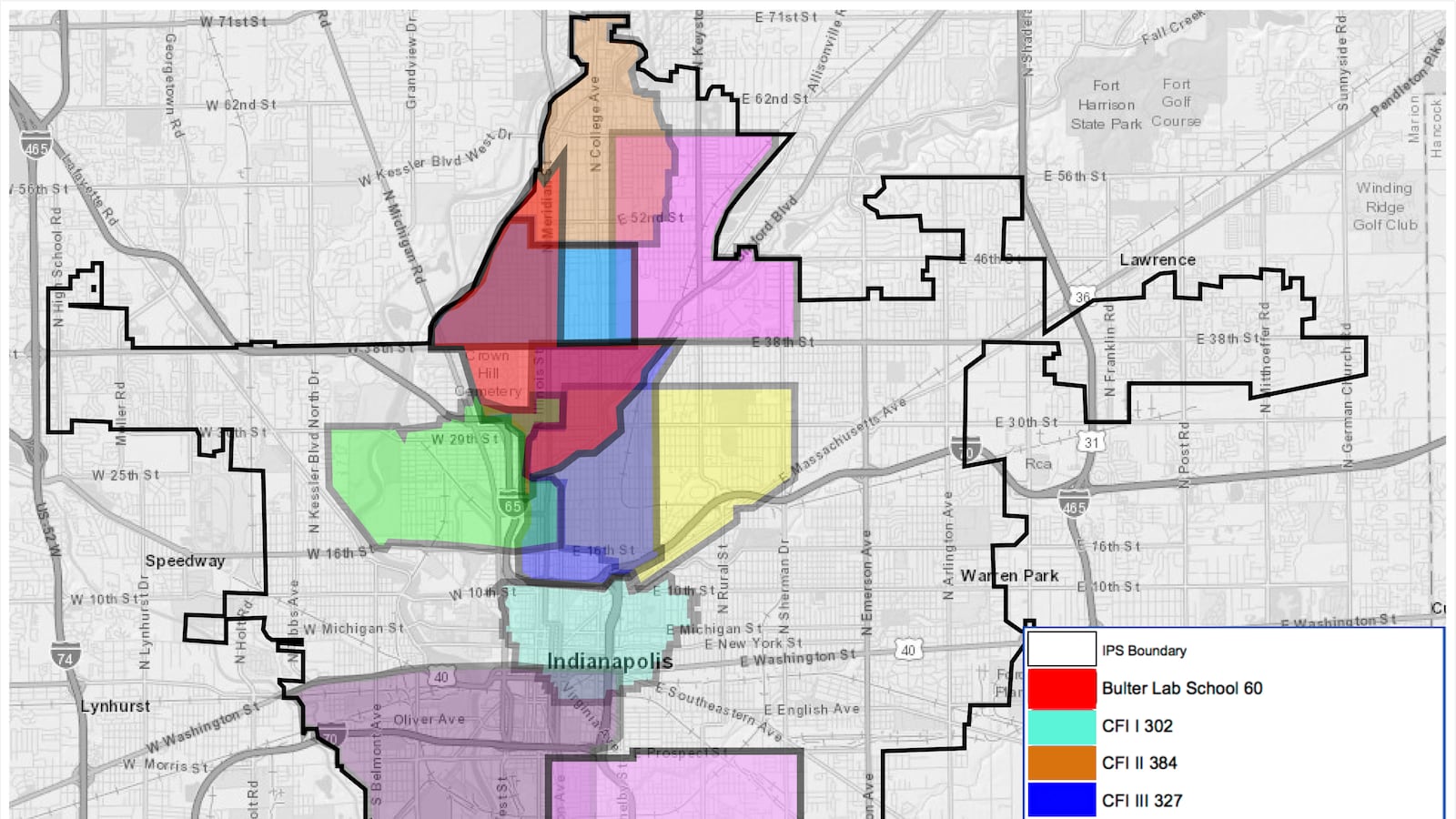 An approximate version of the IPS map overlaid on a map of the city. By Shaina Cavazos.