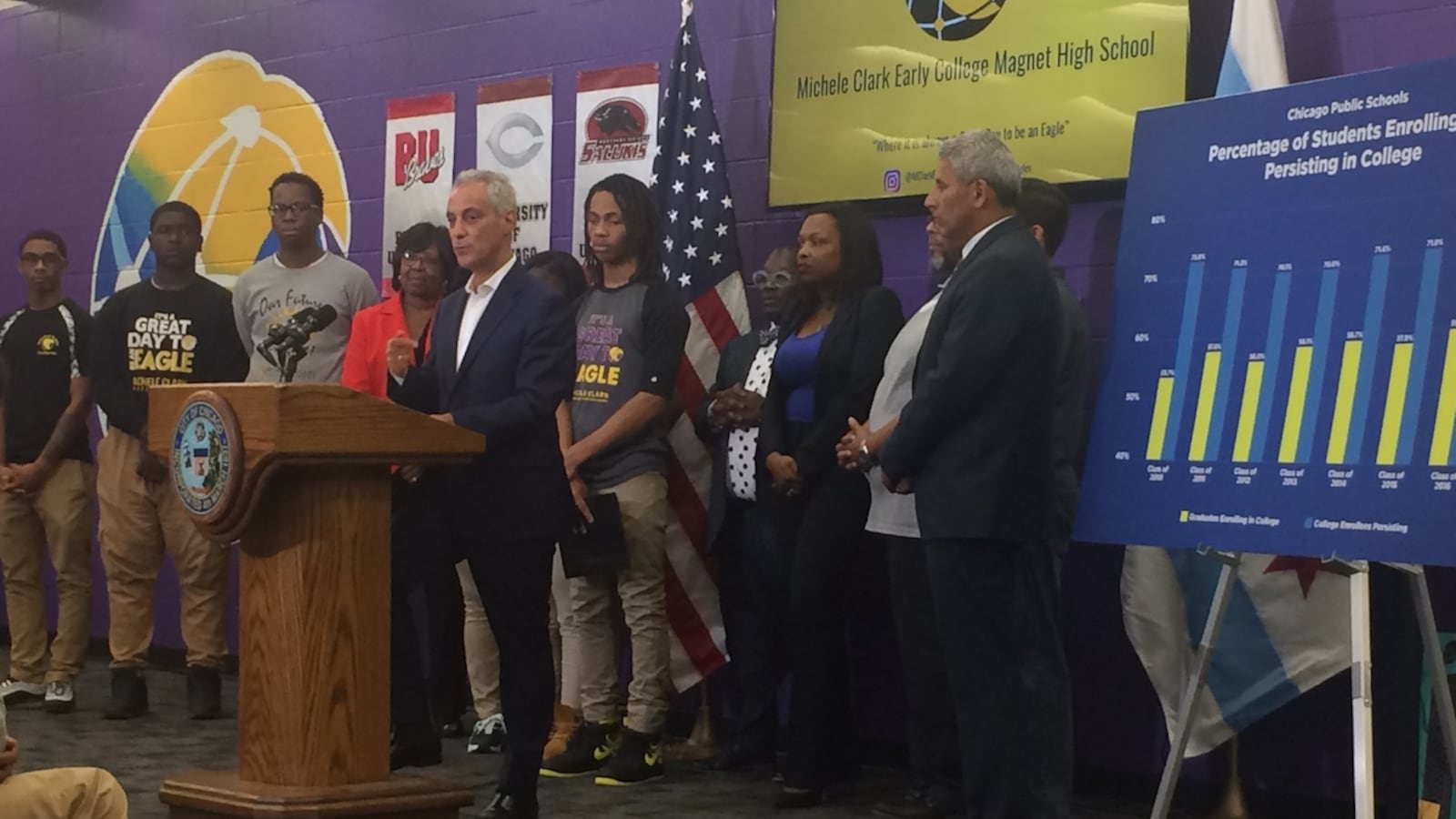 Mayor Rahm Emanuel, CPS CEO Janice Jackson, and other city officials convened at Michele Clark Magnet High School in the Austin neighborhood to announce the latest college enrollment statistics.