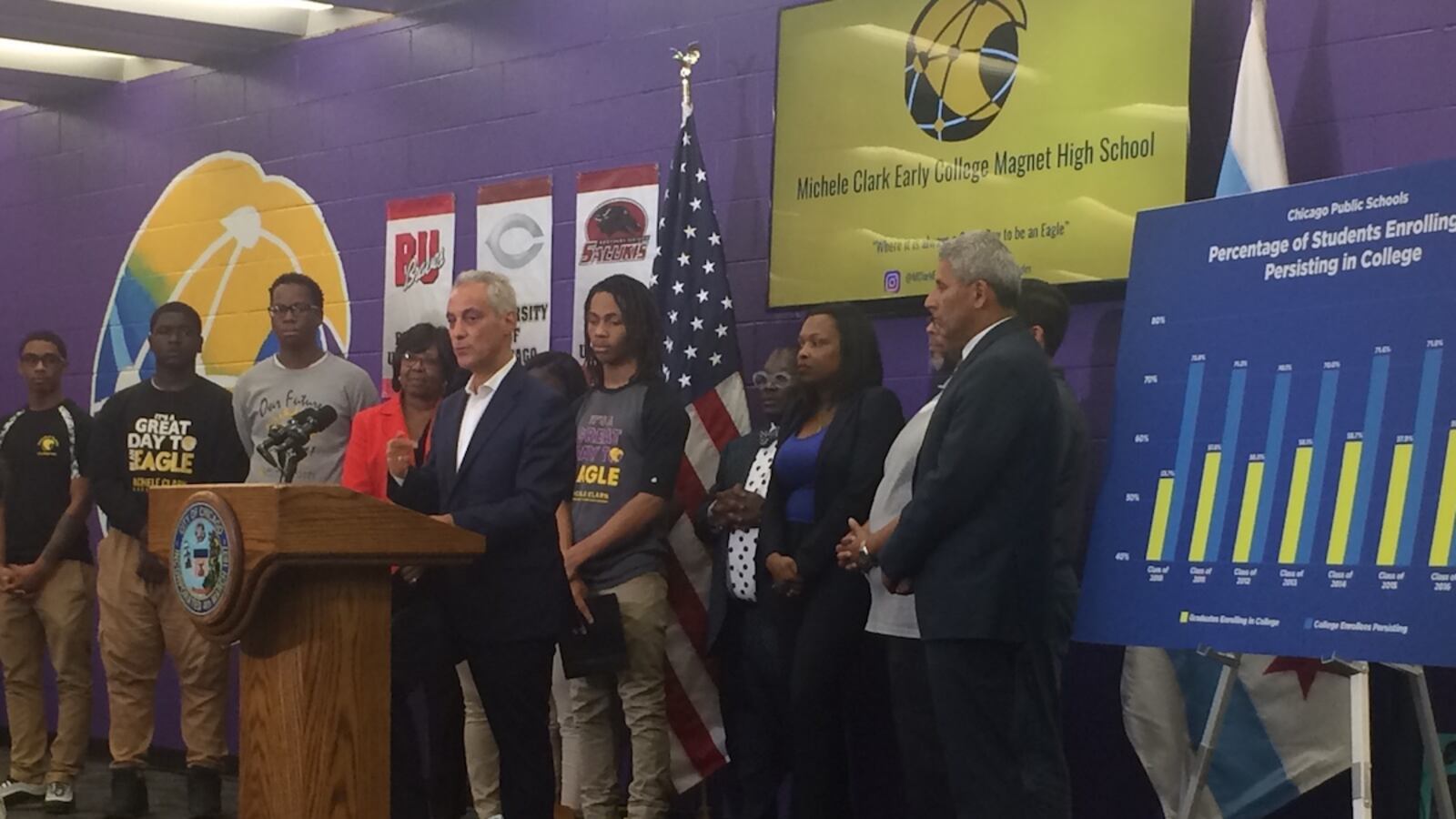 Mayor Rahm Emanuel, CPS CEO Janice Jackson, and other city officials convened at Michele Clark Magnet High School in the Austin neighborhood to announce the latest college enrollment statistics.