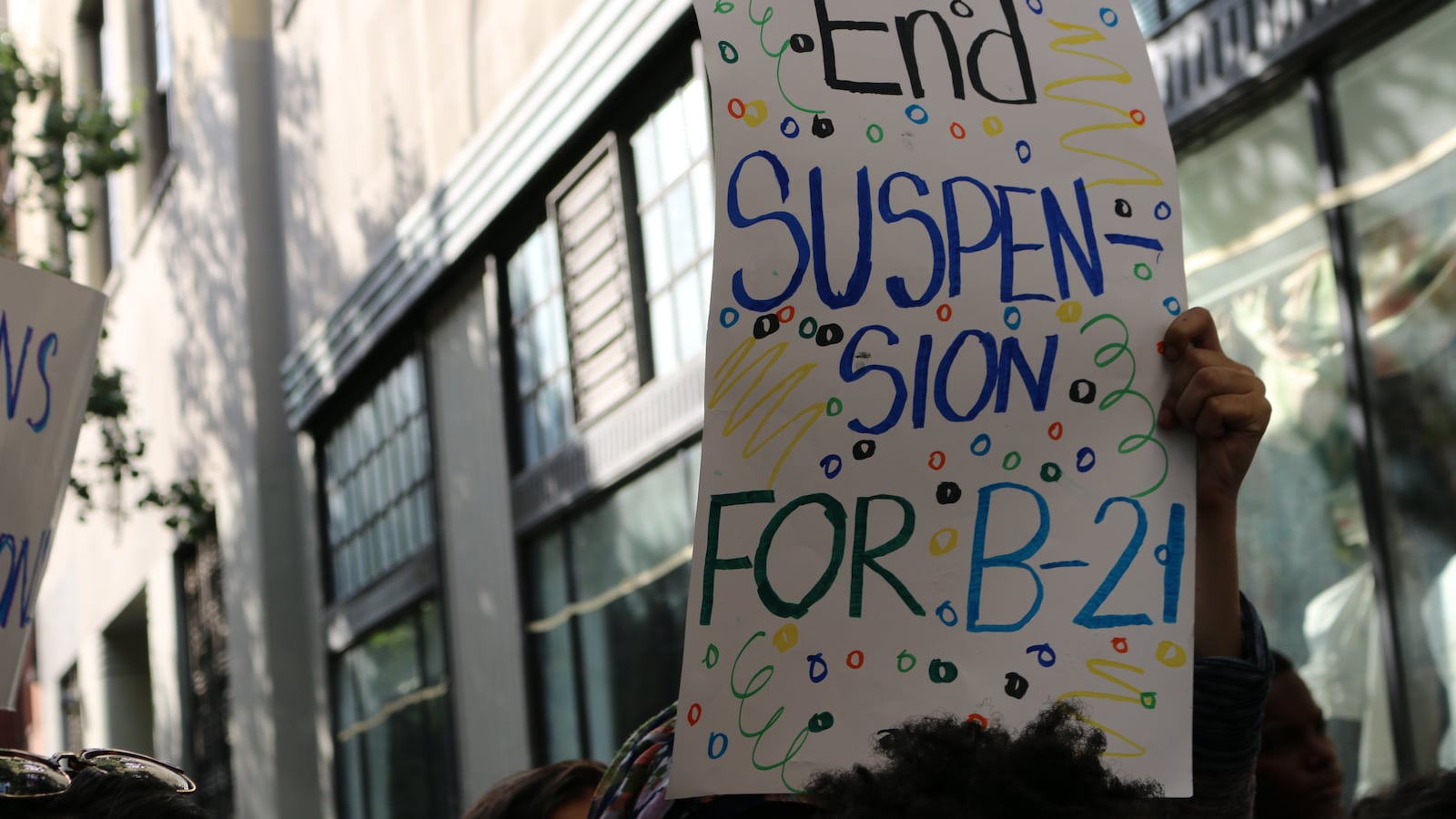 Advocates protest school suspension policy, including insubordination or "B-21."
