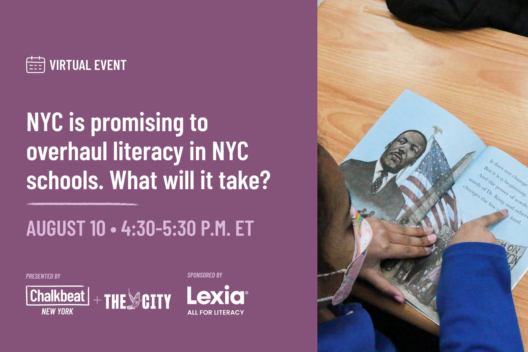 The event title, “NYC is promising to overhaul literacy in NYC schools. What will it take?” appears in white text against a purple background. Next to the text is an image of a student reading.