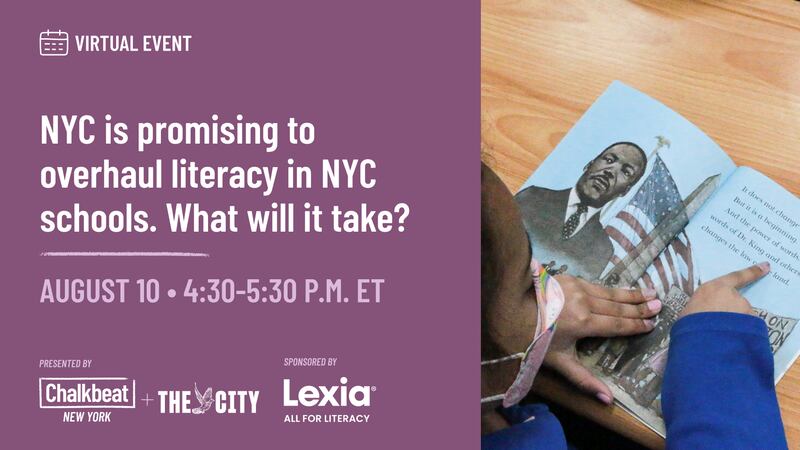 The event title, “NYC is promising to overhaul literacy in NYC schools. What will it take?” appears in white text against a purple background. Next to the text is an image of a student reading. 