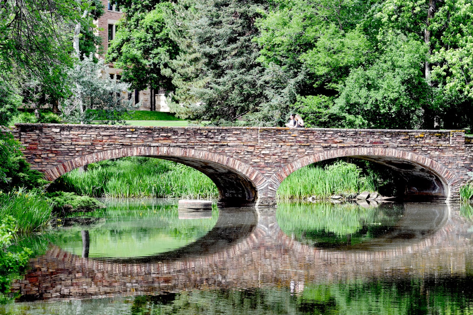 Two women cross the bridge over Varsity Pond on the University of Colorado Boulder campus on June 27, 2019.