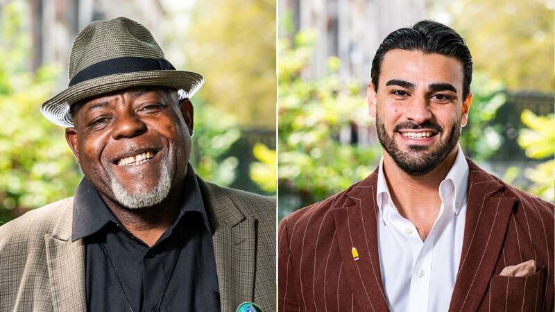 A collage of portraits of a man with a hat and gray jacket and a man with a brown jacket.