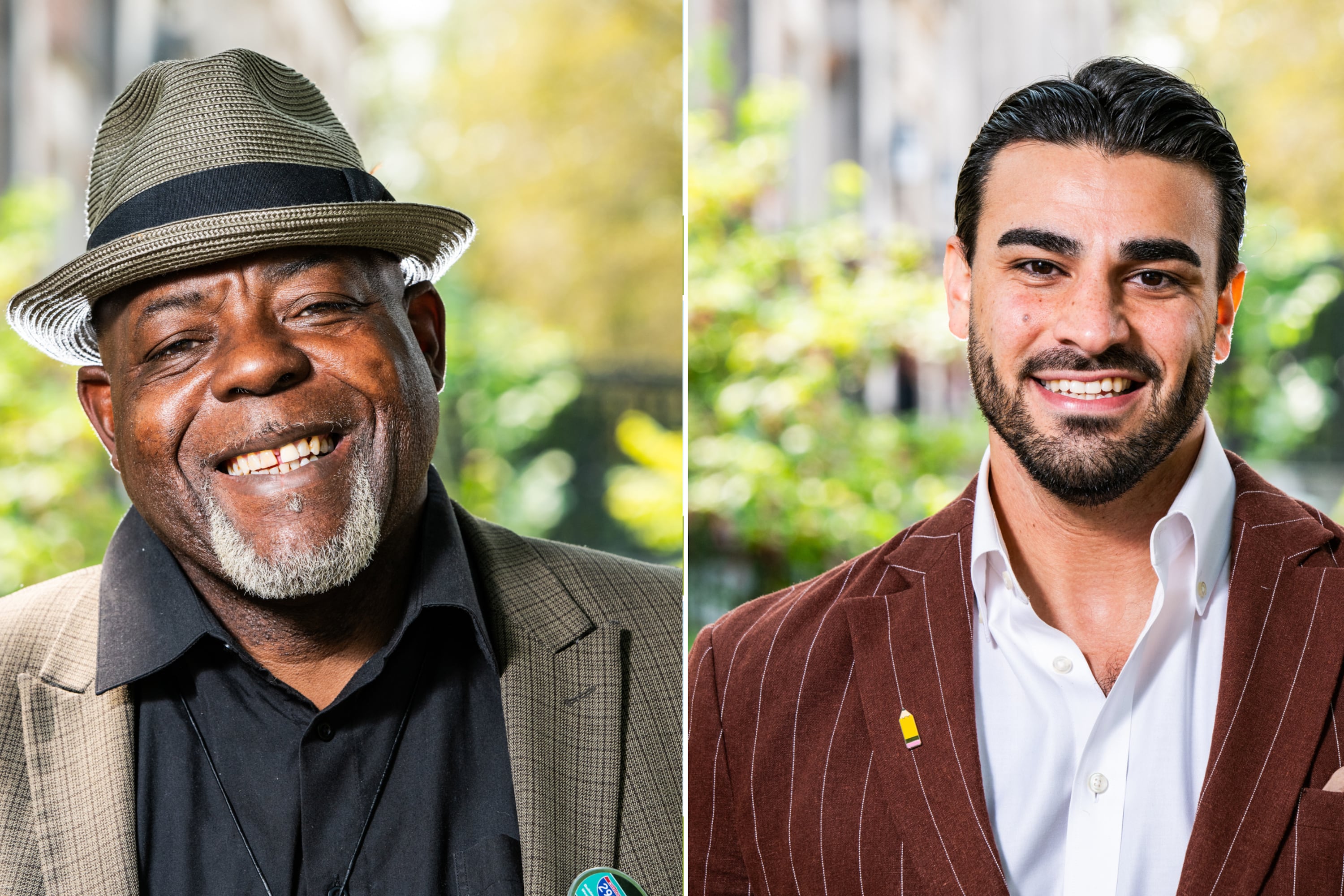 A collage of portraits of a man with a hat and gray jacket and a man with a brown jacket.