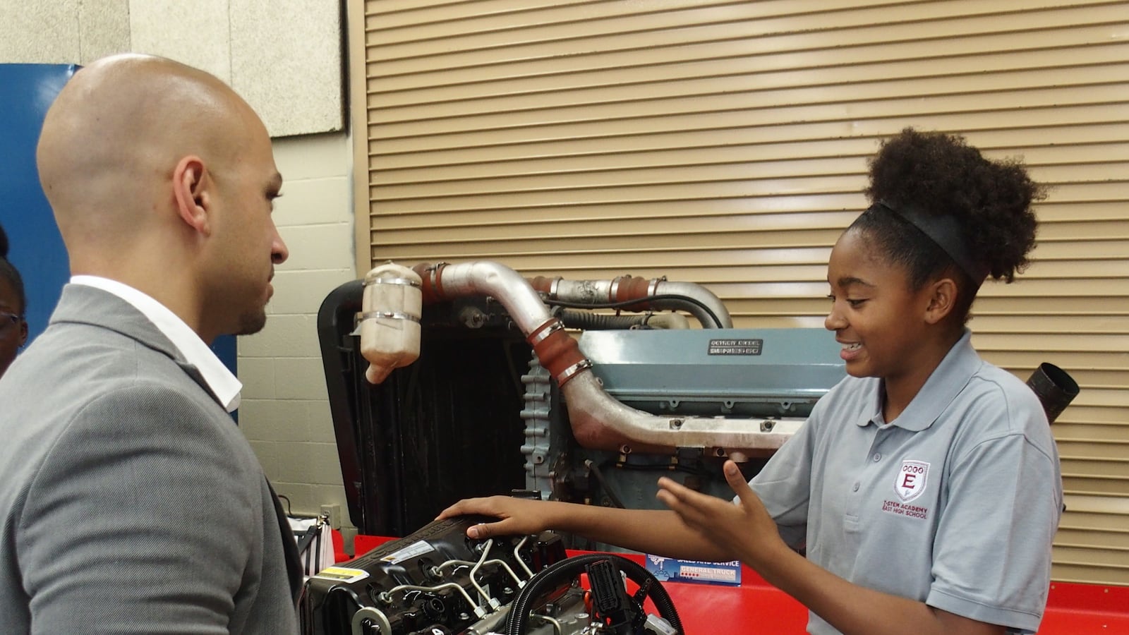Kia Bolton, a freshman at the T-STEM Academy at East High School, explains what she's learning in the Memphis school's new diesel program.
