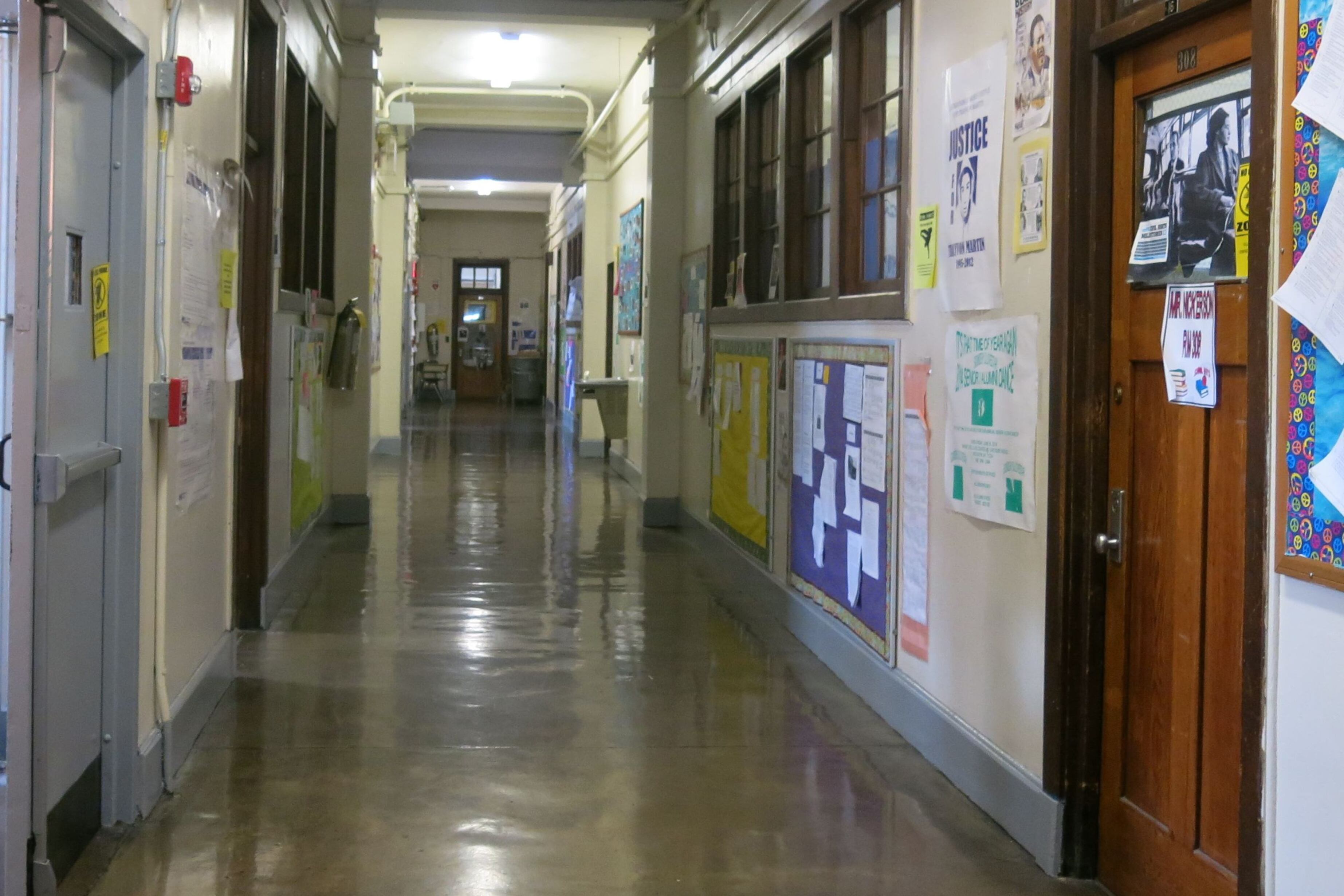 An empty school hallway with no students