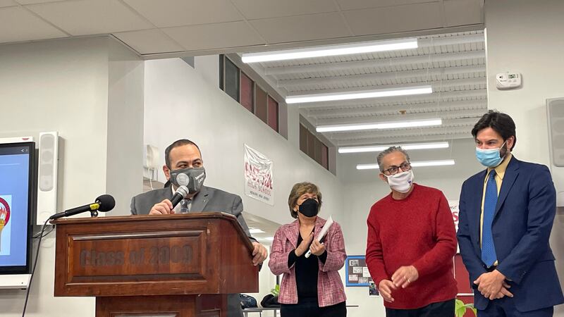 Newark Superintendent Roger León, flanked by AFT President Randi Weingarten, Newark Teacher’s Union President John Abeigon, and Montclair State University President Jonathan Koppell at East Side High School in Newark.