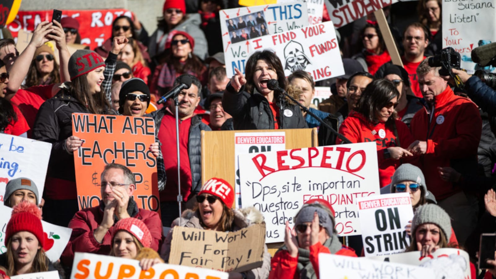 Lily Eskelsen García, president of the National Education Association, addresses striking Denver teachers at the Colorado State Capitol.