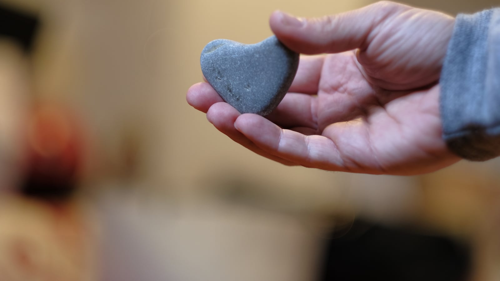 A hand holds a stone that's shaped like a heart.