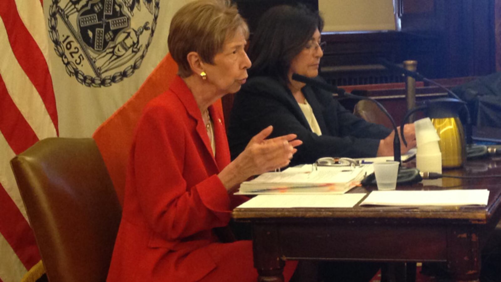 Department of Education Deputy Chancellor Kathleen Grimm (left) at a City Council hearing to discuss the department's five-year capital plan in March 2014.