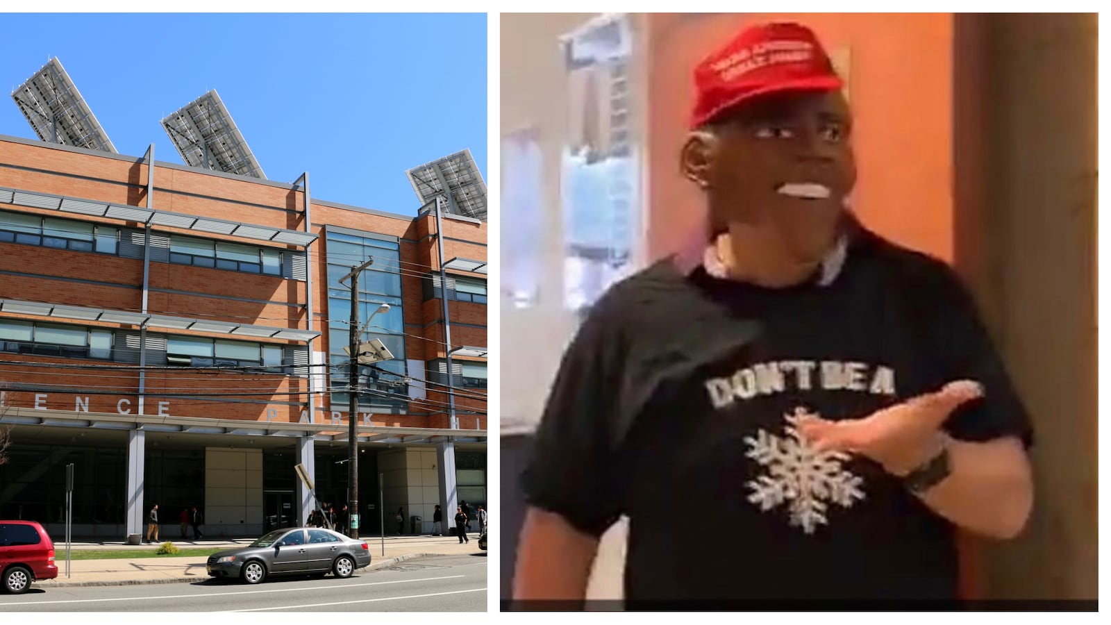 A teacher's Halloween costume, which included a mask of Barack Obama and a "Make America Great Again" hat, has sparked debate months later at Newark's prestigious Science Park High School. (School photo: Patrick Wall/Chalkbeat; teacher photo provided to Chalkbeat.)