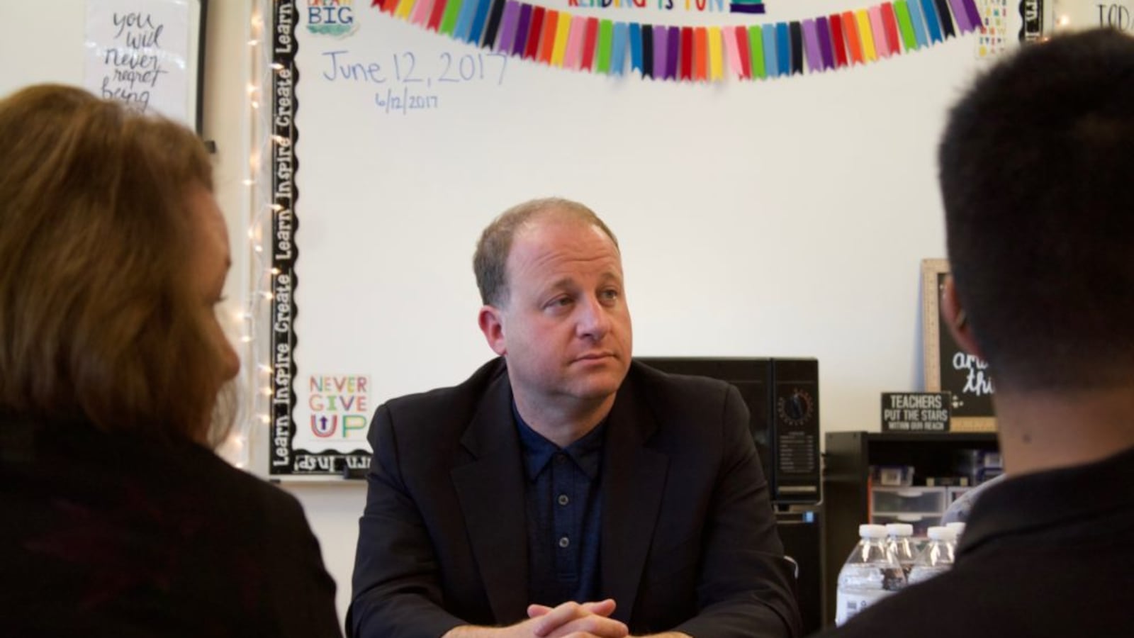 Congressman Jared Polis meets with teachers, parents and students at the Academy of Urban Learning in Denver after announcing his gubernatorial campaign. (Photo by Nic Garcia/Chalkbeat)