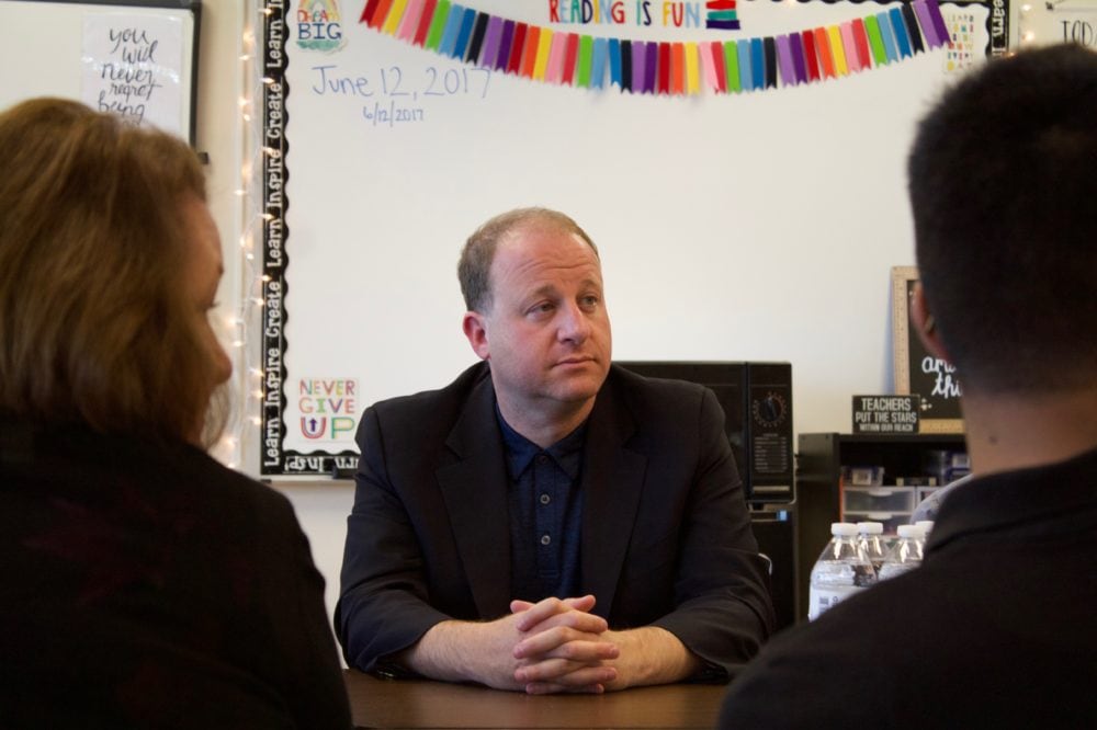 Congressman Jared Polis meets with teachers, parents and students at the Academy of Urban Learning in Denver after announcing his gubernatorial campaign. (Photo by Nic Garcia/Chalkbeat)