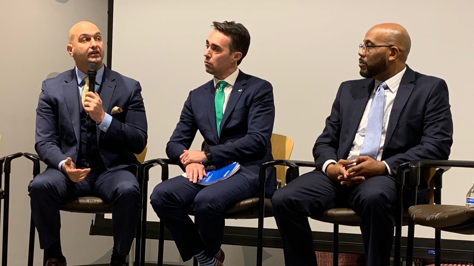 Detroit schools superintendent Nikolai Vitti, Grand Valley State University charter school leader Rob Kimball and Detroit Collegiate High School Principal Edwynn Bell participate in the second annual State of the Schools address.