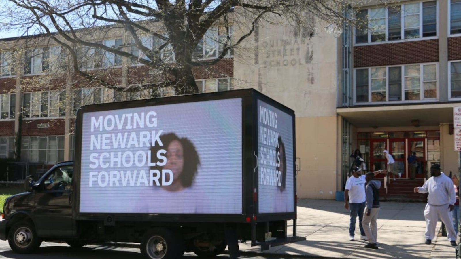 A mobile billboard for one of the three winning candidates in Newark's April school board election. An outside group spent more than $97,000 — including $60,000 from Public School Allies — to support the three candidates.