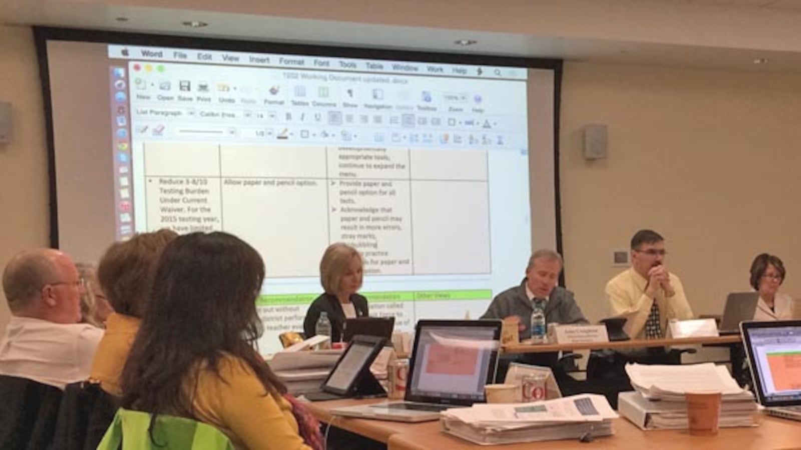 Members of Standards and Assessments Task Force slowly worked through their recommendations as changes were tracked in a document project on screens in the meeting room.