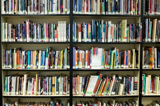 Books on a library bookshelf.