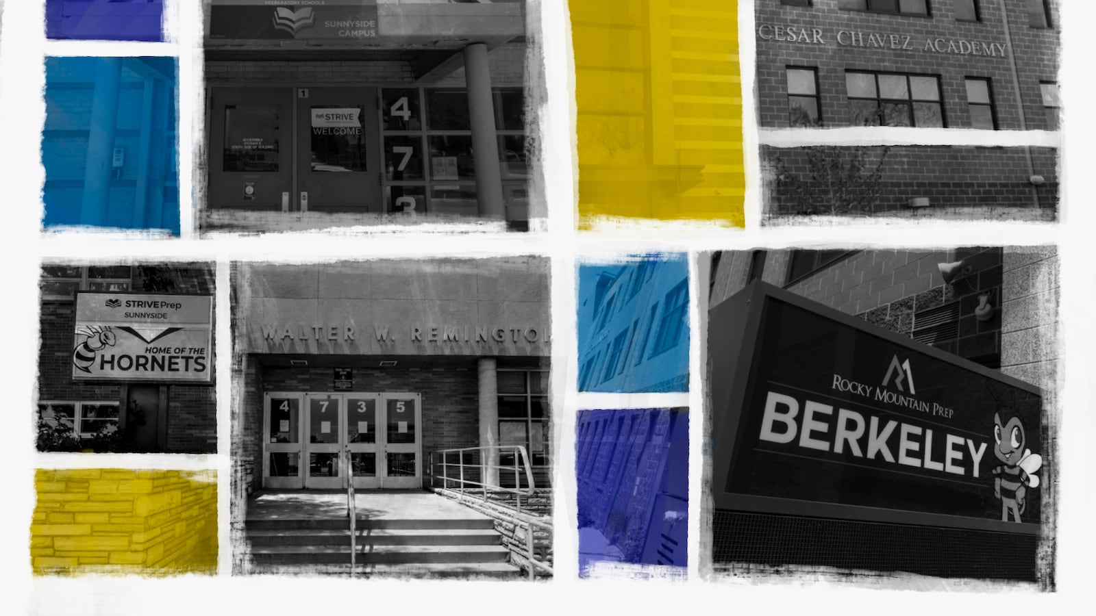 A yellow and blue photo illustration showing school buildings.